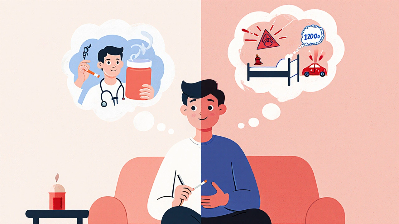 A person’s thought bubble showing clozapine levels crashing with smoking and spiking after quitting.