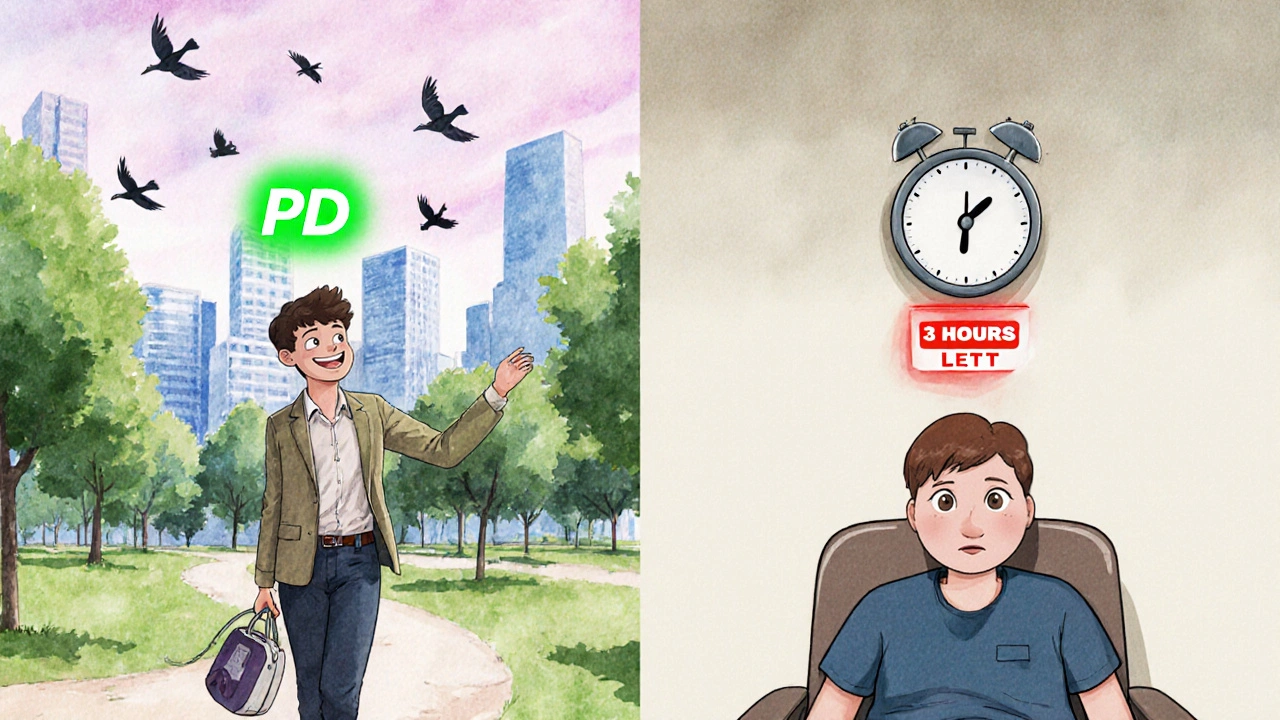 A person walking freely outdoors with a dialysis bag while another sits trapped in a clinic chair, symbolizing choice.