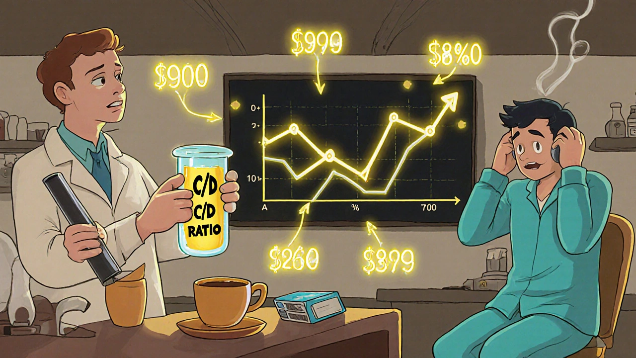 A scientist monitors clozapine levels affected by coffee, vaping, and cigarettes on a fluctuating graph.