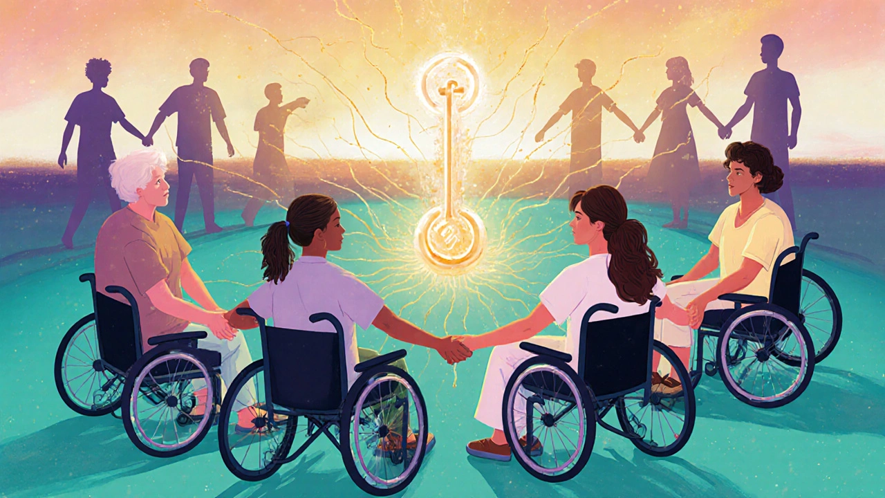 ALS patients holding hands with riluzole lifeline connecting to future research