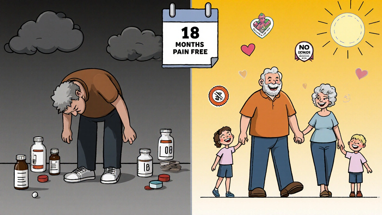 Before and after scene of a person overcoming chronic pain to enjoy time with family.