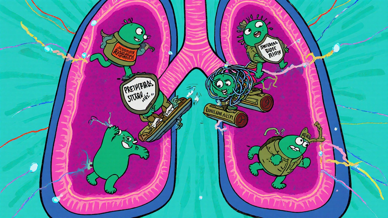 Cartoon bacteria fighting inside an airway, with antibiotic soldiers in a stylized battle.
