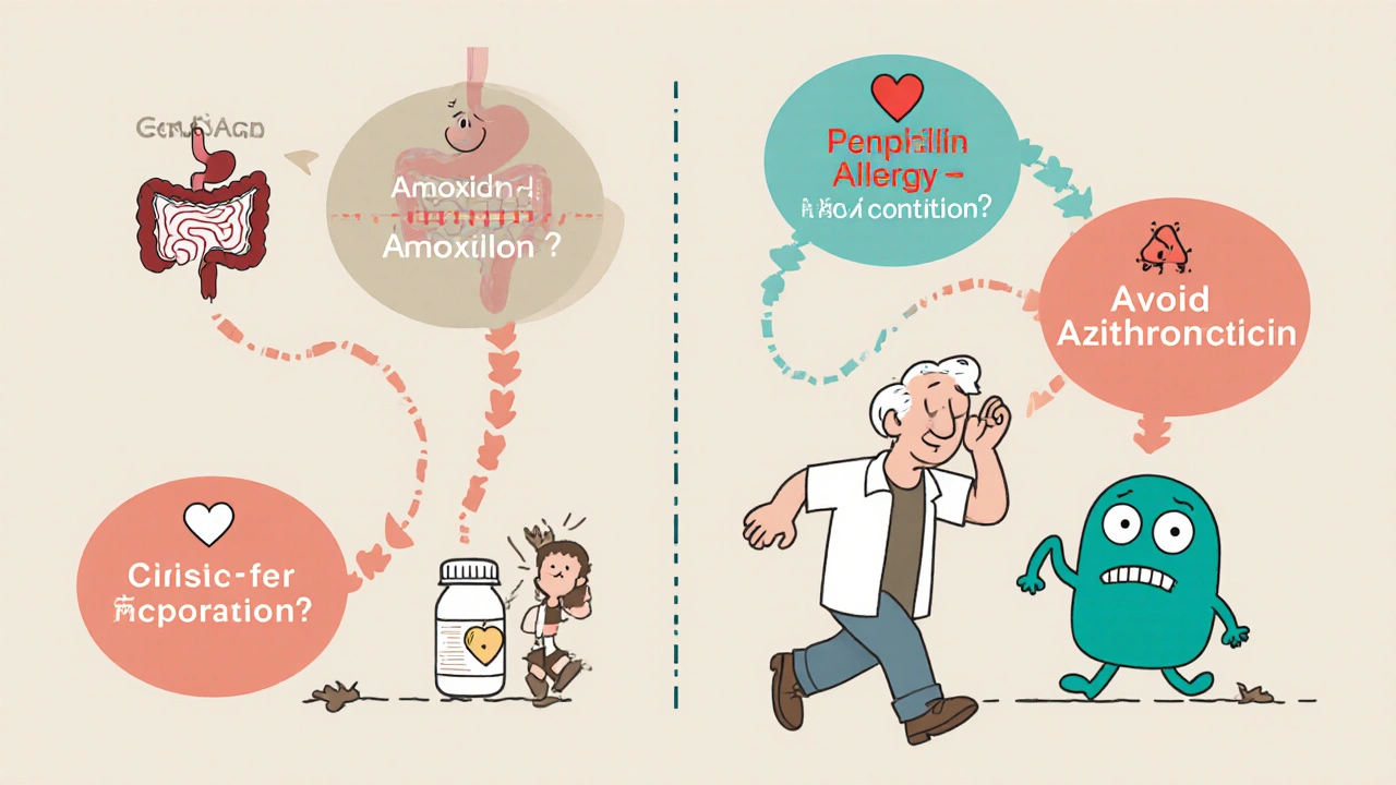 Colorful flowchart guiding antibiotic choice based on patient conditions and allergies.