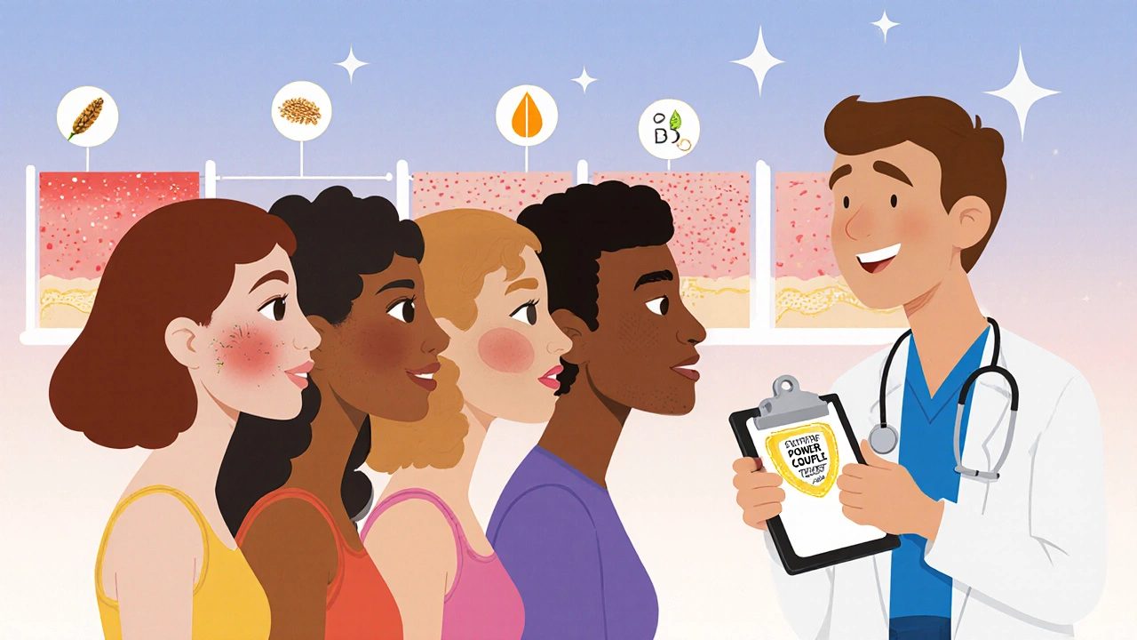 Diverse faces receiving skin health badges from a dermatologist, showing transformation over time