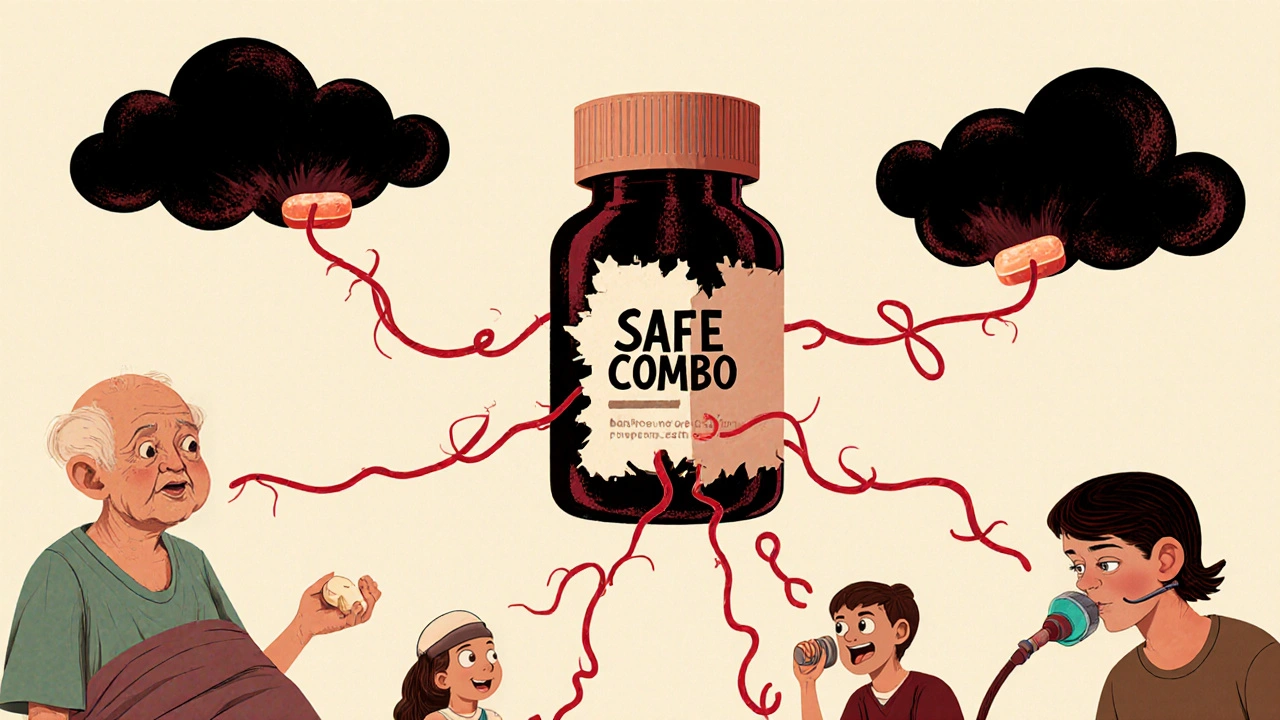 Diverse patients connected by fraying threads to a crumbling pill bottle labeled &#039;Safe Combo&#039;.