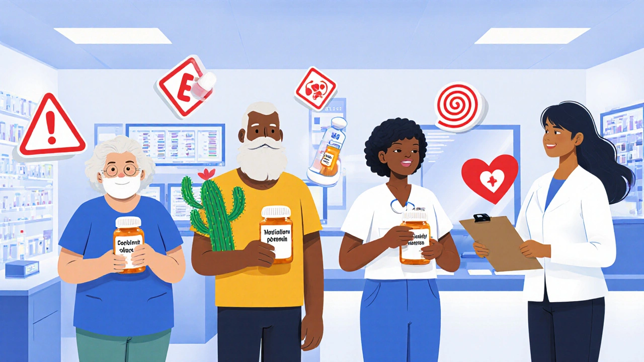 Diverse patients with heart failure meds, warned by floating symbols, guided by a pharmacist in a bright clinic.