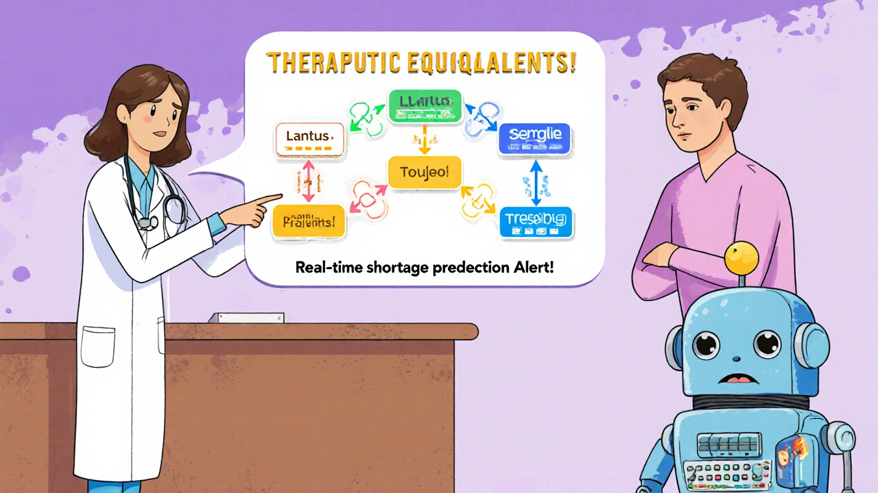 Doctor and pharmacist explaining therapeutic drug alternatives using a colorful flowchart