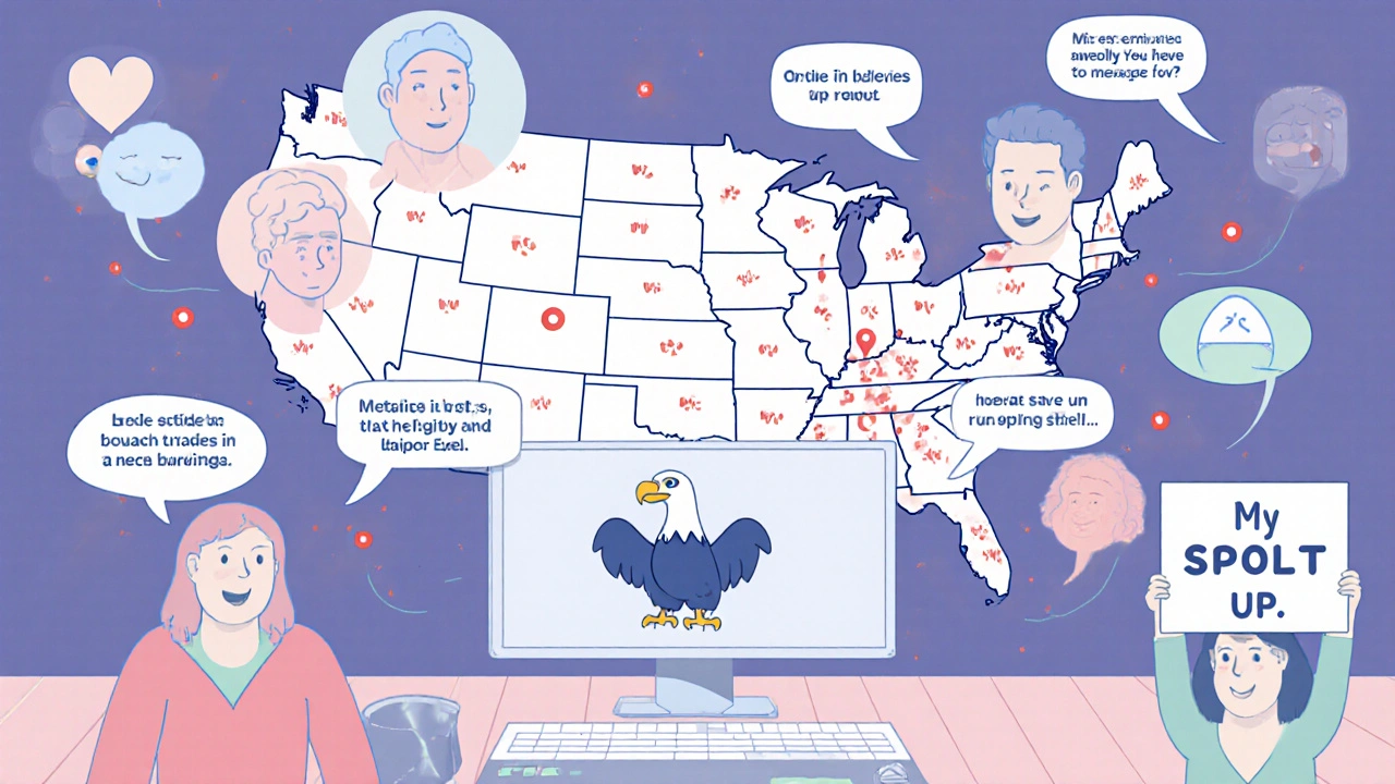 Floating heads share strange medication side effects above a U.S. map with glowing report dots and an FDA eagle.