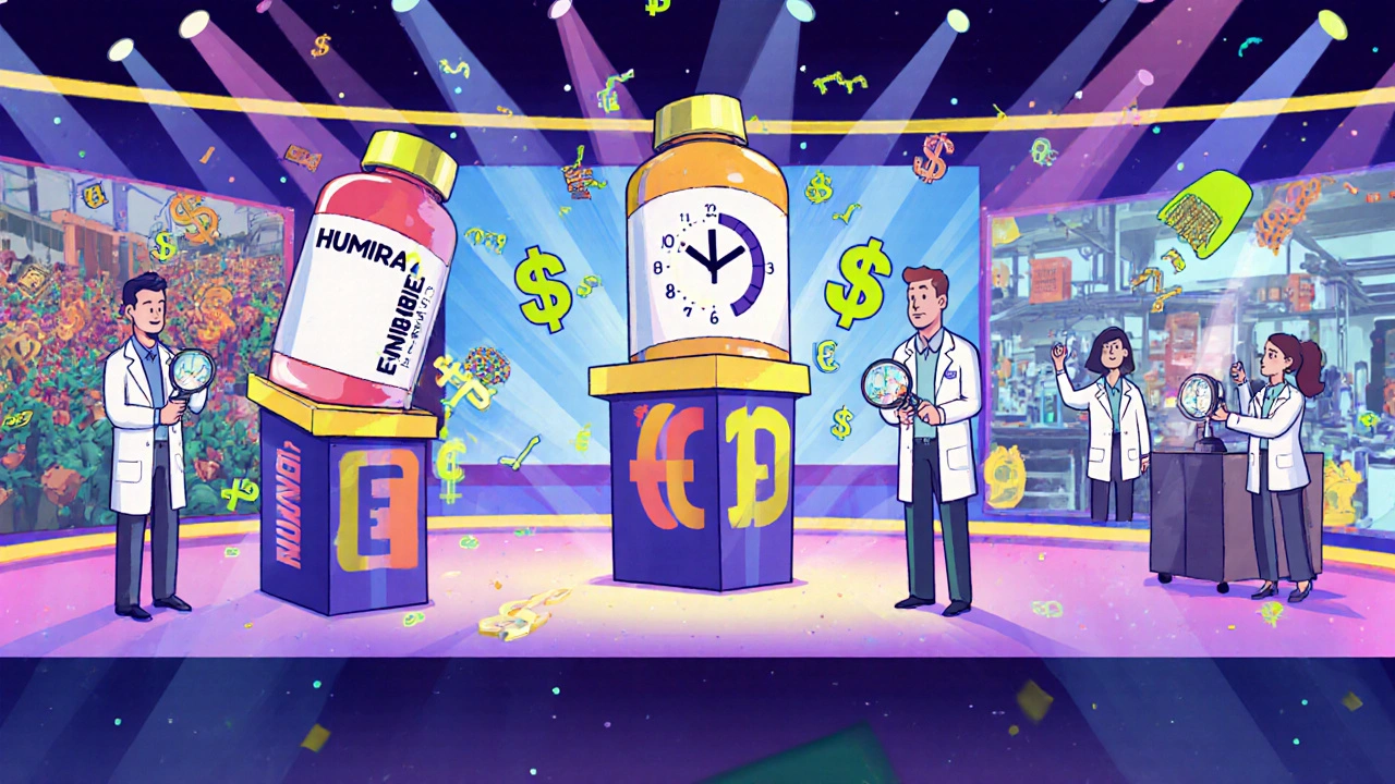 Game show with biosimilars on podiums, scientists racing against time, FDA inspectors checking protein structures.