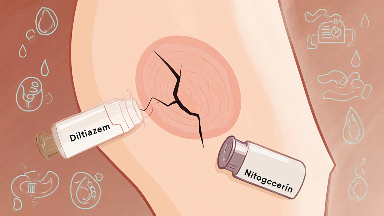 Gentle cartoon illustration of an anal fissure with medicine tubes and hydration symbols.