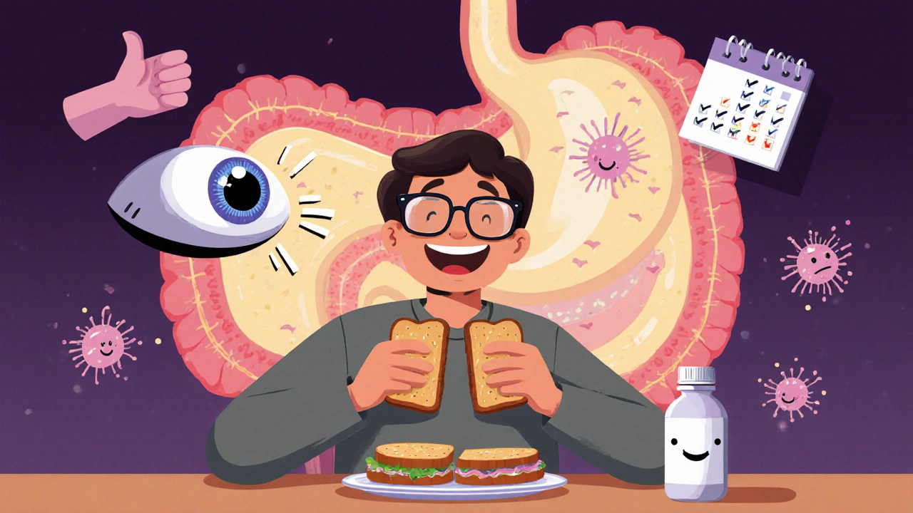 Happy patient eating, with a clean esophagus and AI scanning tissue, symbolizing successful treatment and follow-up.