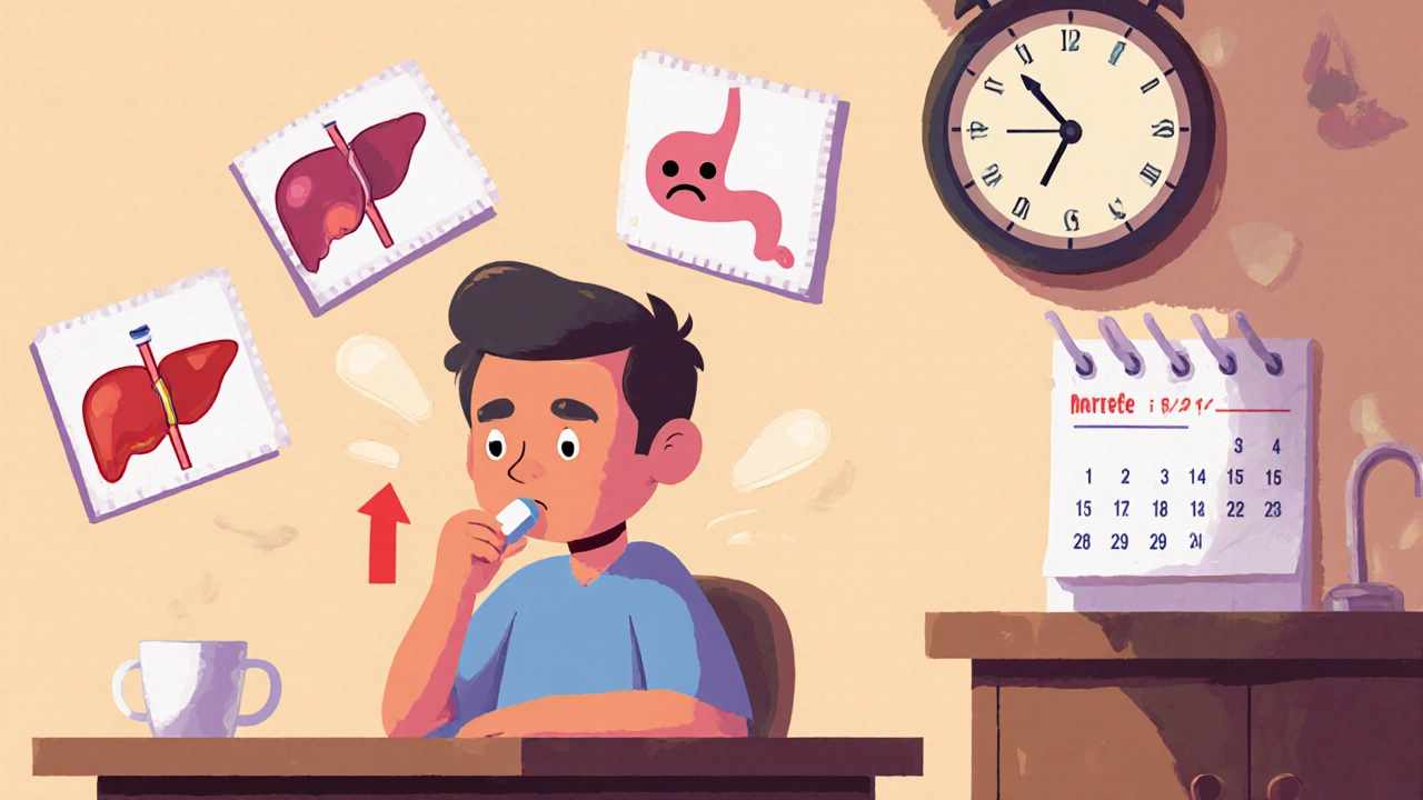 Patient taking riluzole tablets and film with side effect icons floating above