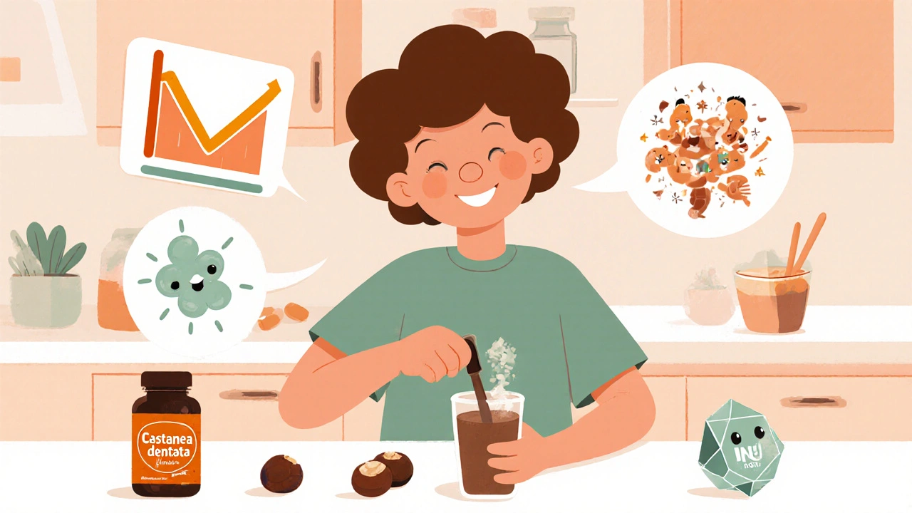 Person adding chestnut flour to a smoothie with health icons floating nearby