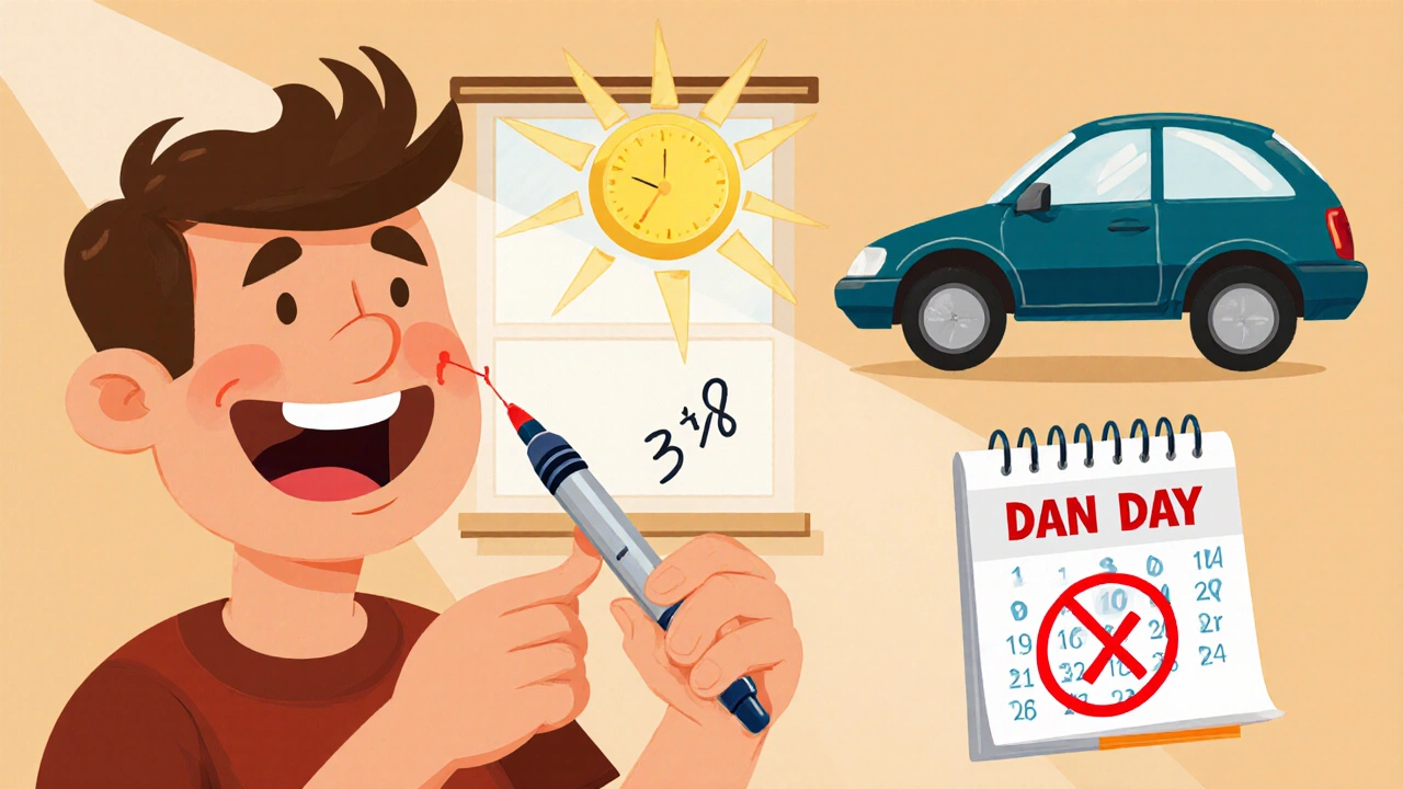 Person injecting insulin at room temperature with marked date and car labeled &#039;danger&#039;