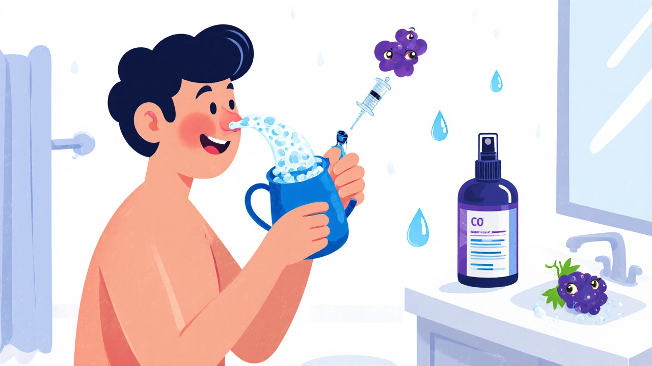 Person using a neti pot to flush nasal passages, with corticosteroid spray and biologic syringe nearby in cartoon style.