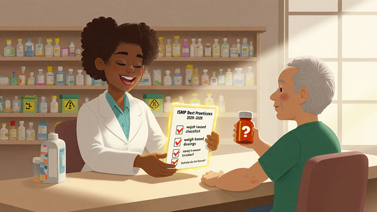 Pharmacist giving a safety checklist to an elderly patient at a community pharmacy.