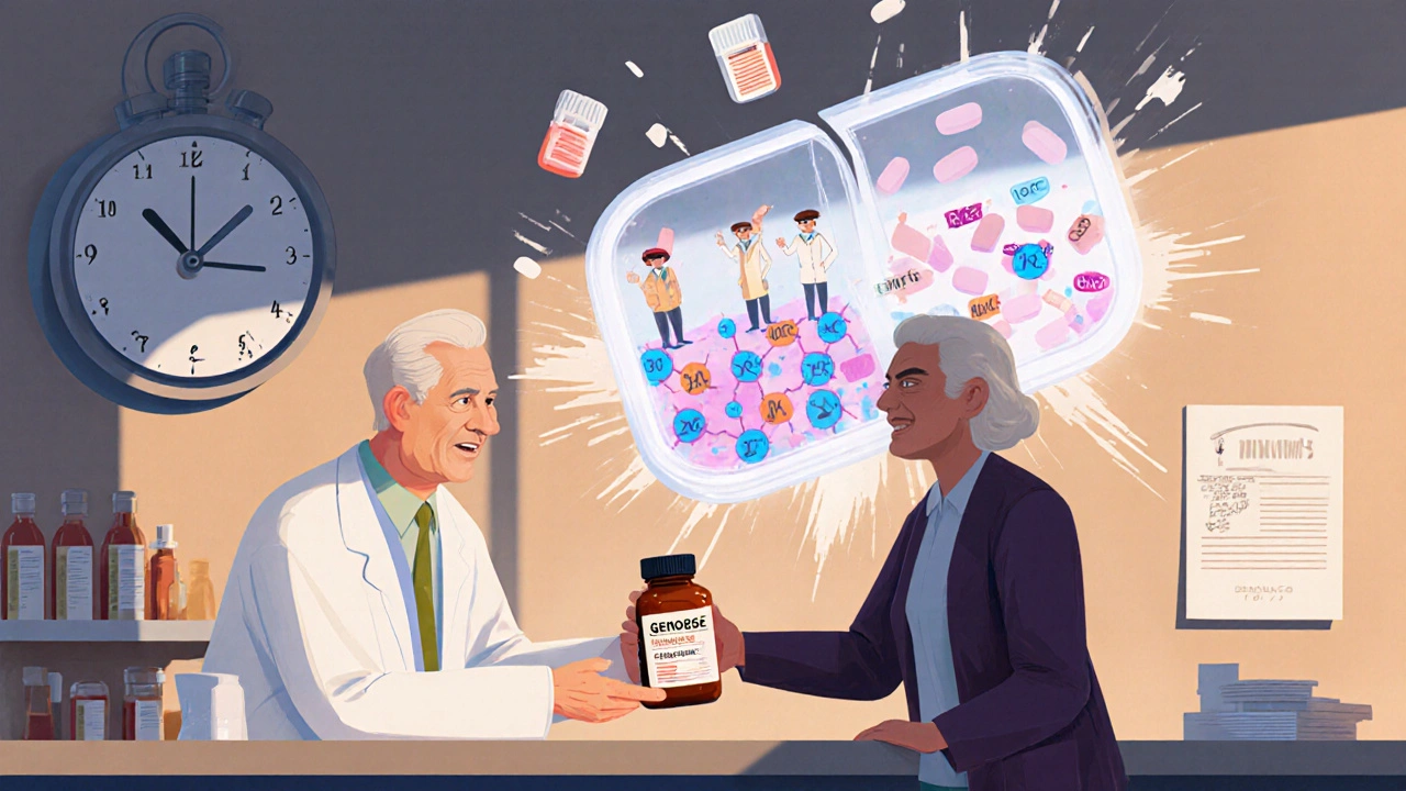 Pharmacist giving generic medication as molecules inside pill glow identically