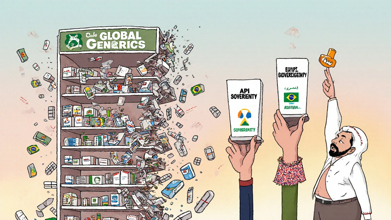 Pharmacy shelf collapsing under price pressure, three pillars rising with hands from emerging markets supporting them.