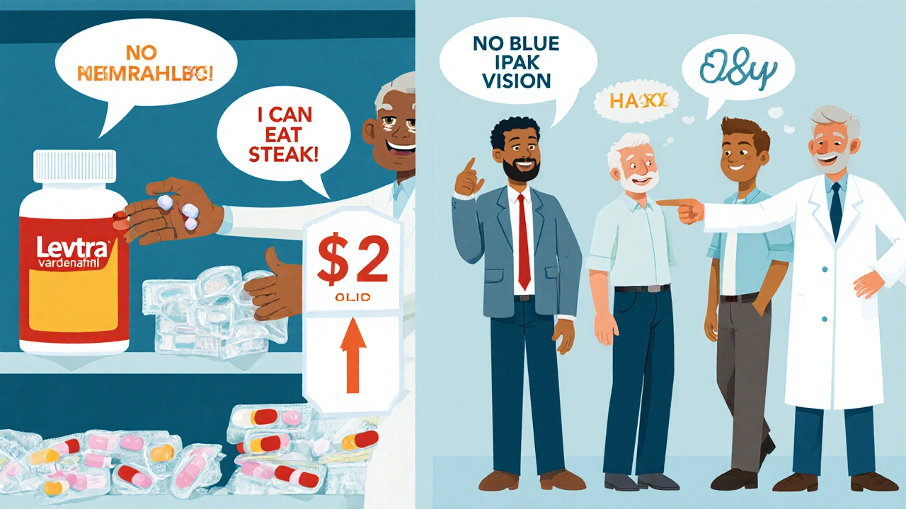 Pharmacy shelf with brand and generic Levitra pills, diverse men choosing affordable option