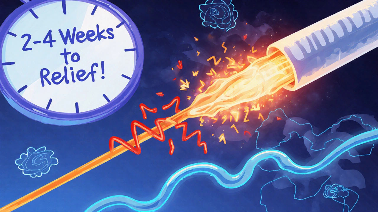 Radiofrequency ablation heating a nerve with pain signals fading, while touch signals remain intact.