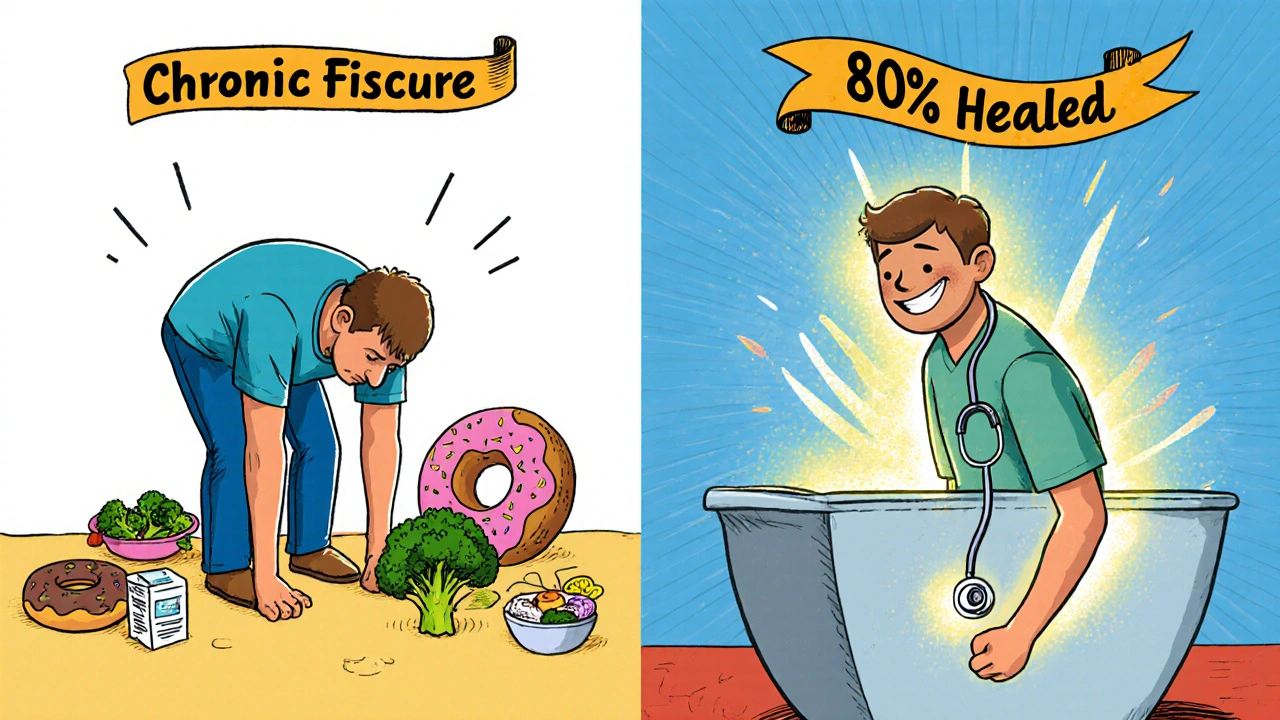Split cartoon scene: frustrated person vs. healed person with sitz bath and healthy foods.