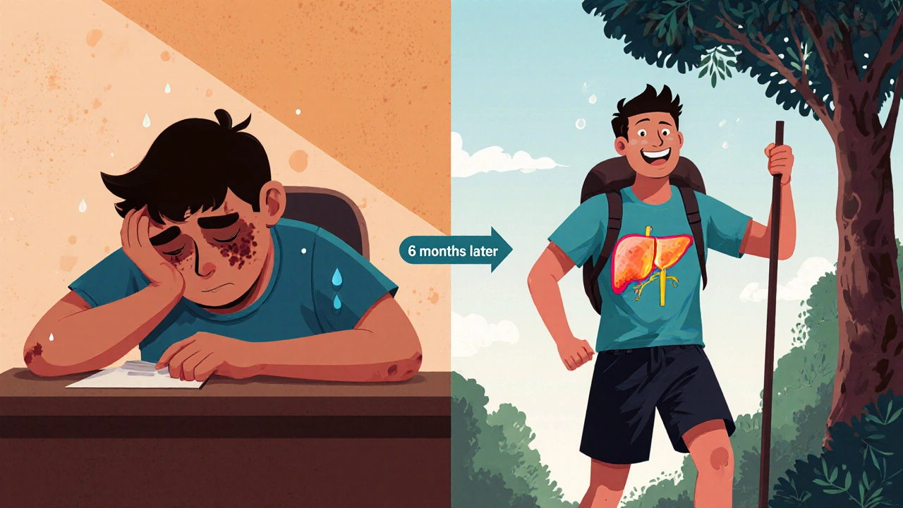 Split illustration showing a person’s health transformation from tired to active, with dull vs glowing liver, in CalArts style.