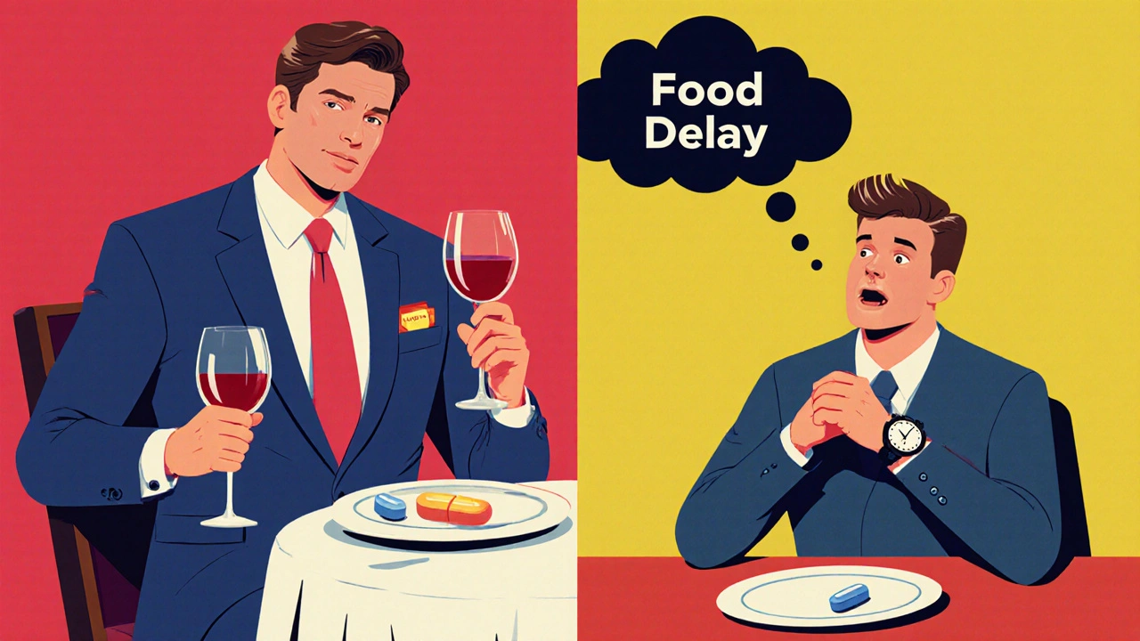 Split scene: man eating dinner with Levitra vs. man stressed with Viagra and delayed effect