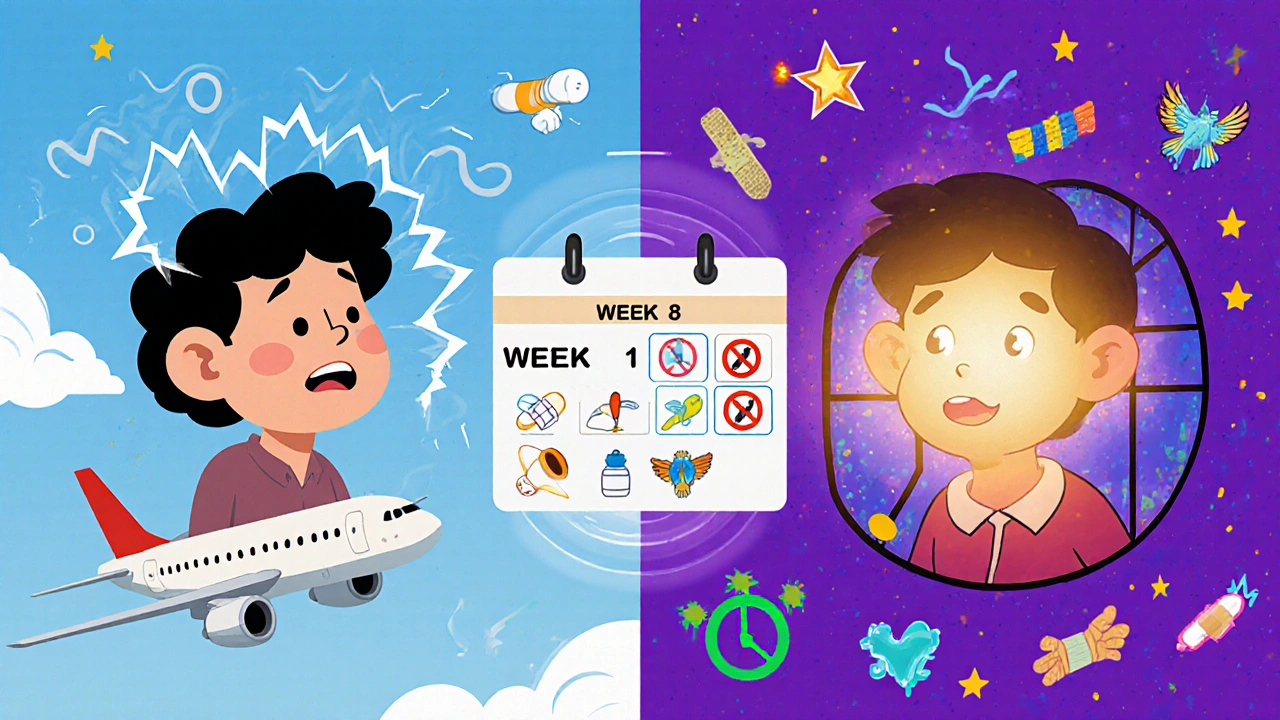 Split scene showing ear healing over time: from risky flight to joyful recovery with glowing eardrum.