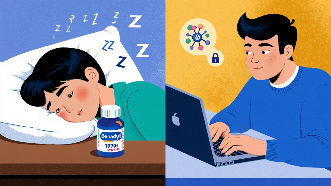 Split scene: sleepy person with old allergy pill vs. alert person with modern pill and receptor model.