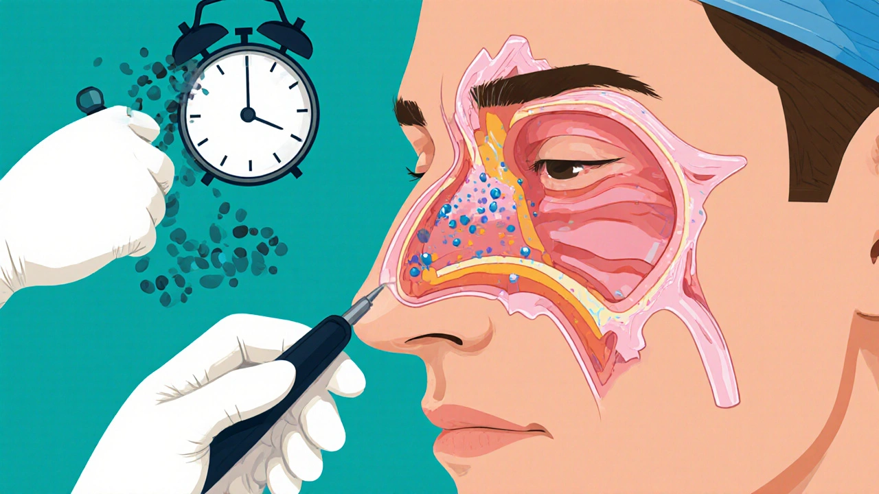 Surgeon removing nasal polyps via endoscopic surgery, with healthy sinuses expanding and new polyps forming in background.