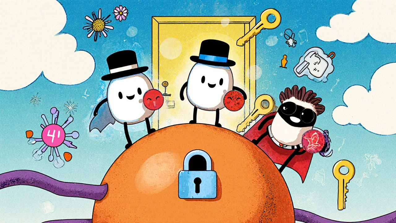 Three cartoon drug molecules blocking histamine keys from a giant receptor door with a glowing secondary site.