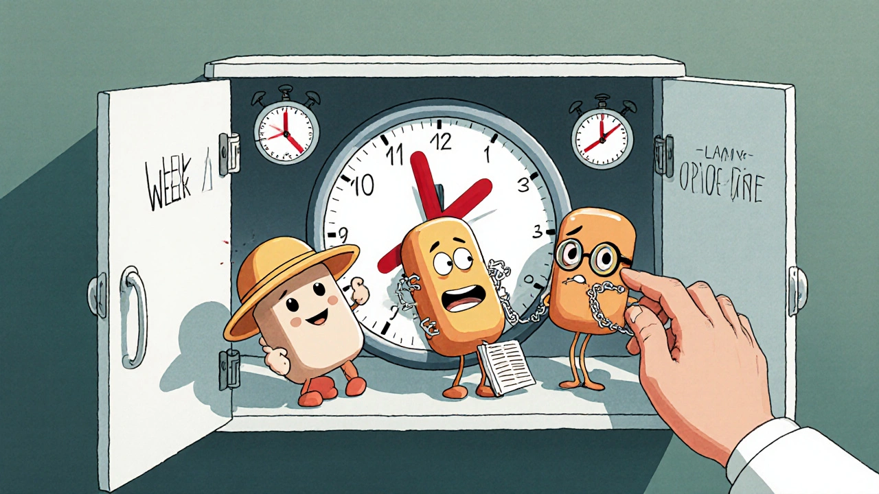 Three friendly pills representing NSAIDs, nerve meds, and antidepressants, with a banned opioid marked by an X.