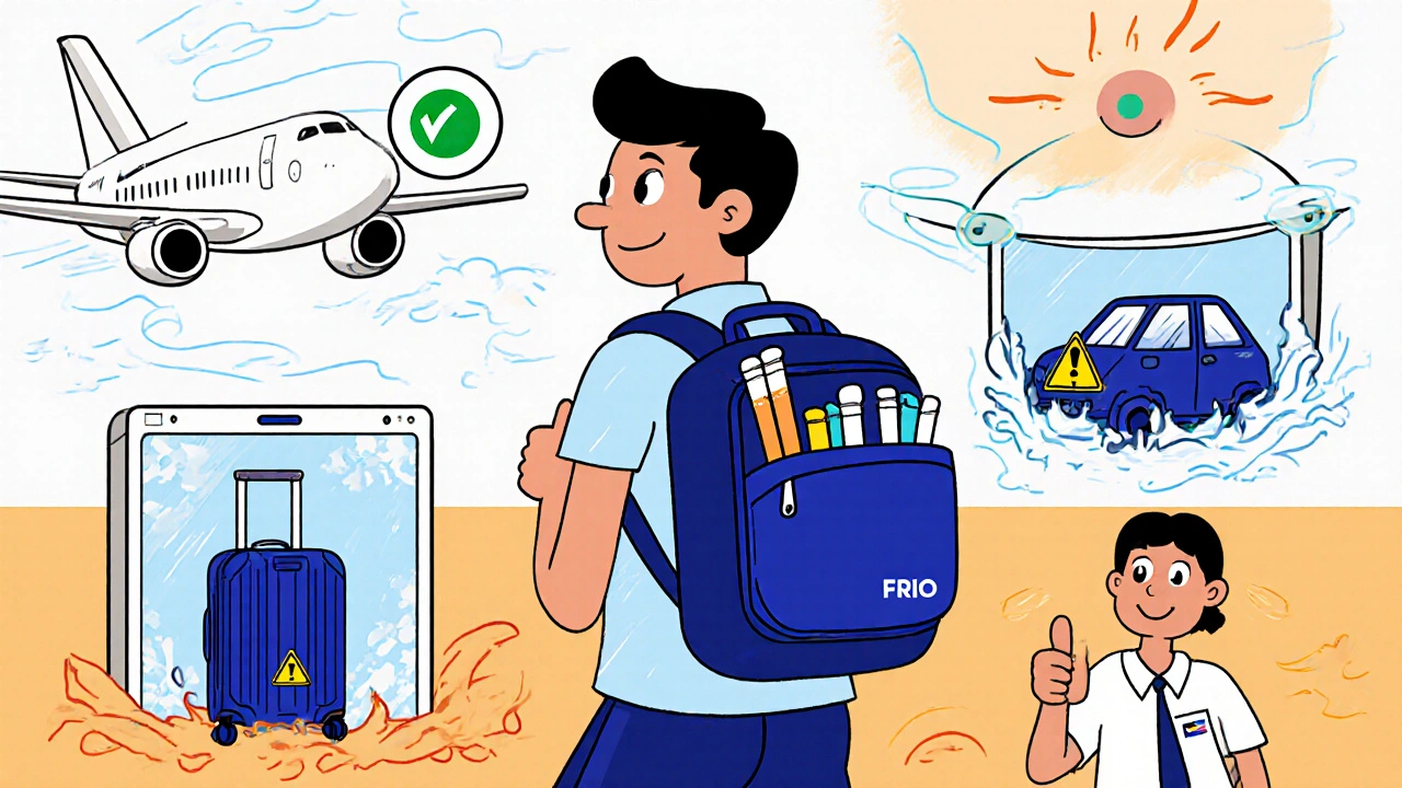 Traveler with Frio Wallet at airport, insulin safe in carry-on while others are damaged