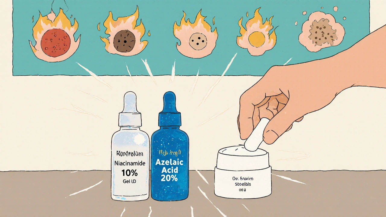 Two skincare bottles with glowing connections, reducing redness and oil in a playful bathroom scene