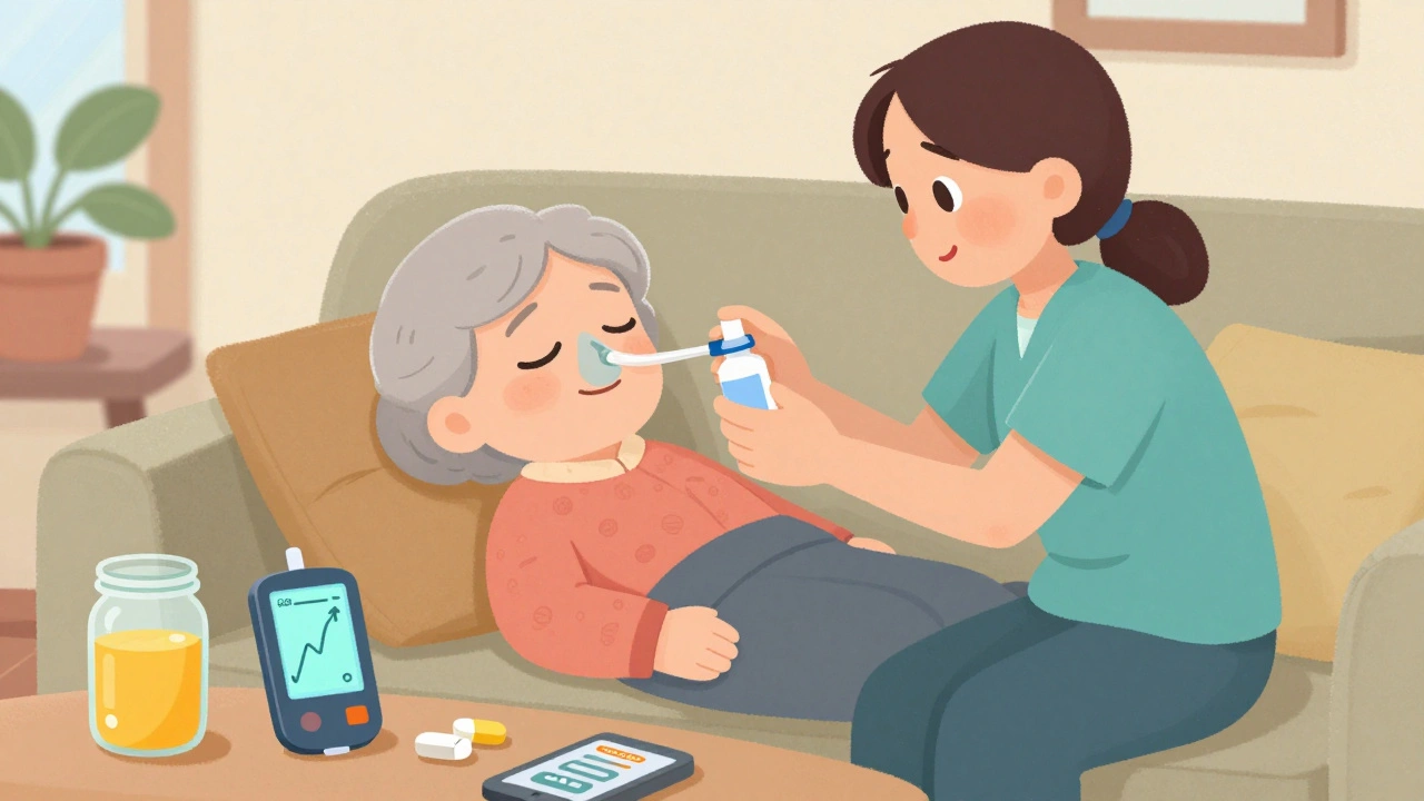A caregiver giving nasal glucagon to an elderly woman on a couch while a CGM shows rising blood sugar.