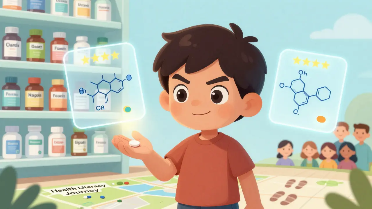 A child holds a generic pill with transparent chemical structures visible inside, surrounded by labeled pharmacy bottles.