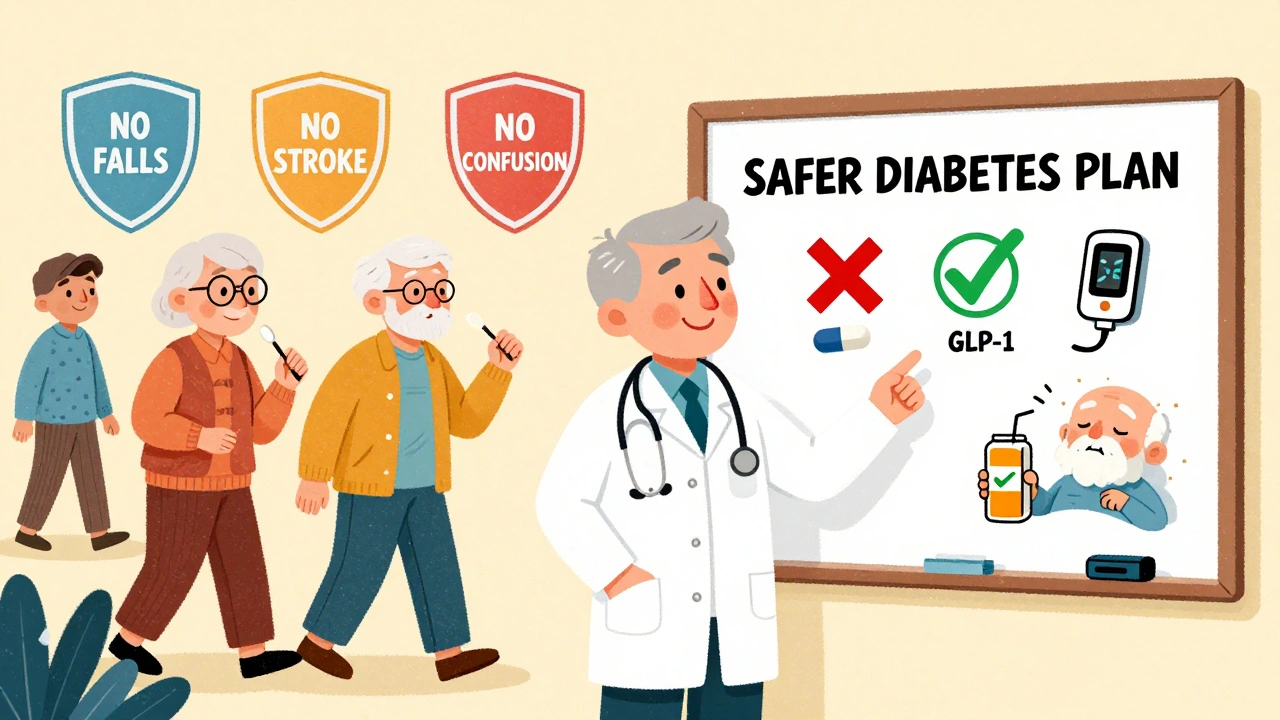 A doctor explaining a safer diabetes plan with icons of medications and safety shields around seniors.