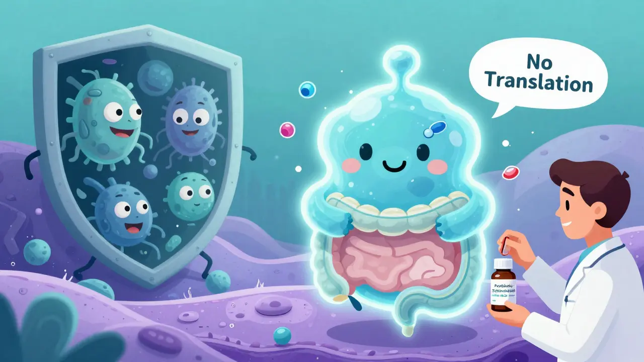 A friendly postbiotic molecule protecting a gut lining, while dangerous probiotics are blocked by a safety barrier, doctor and patient smile nearby.