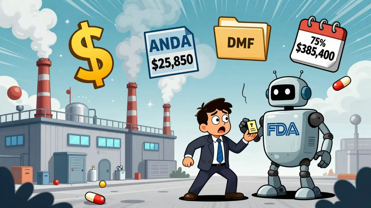 A generic drug factory with floating fee icons, a small business owner overwhelmed by costs, and an FDA robot offering a discount.