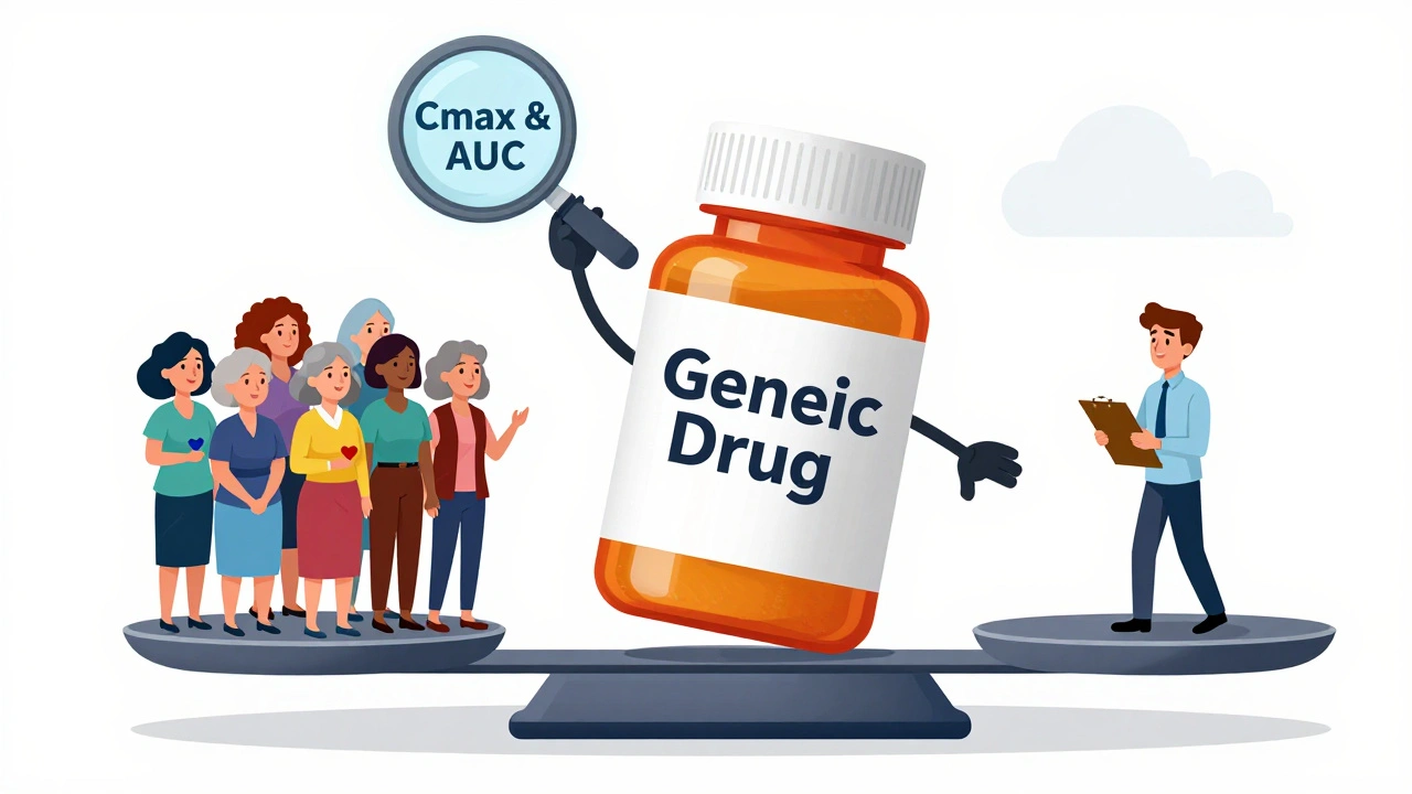 A giant pill bottle on a scale tilting under the weight of women and seniors versus one man, with pharmacokinetic symbols above.