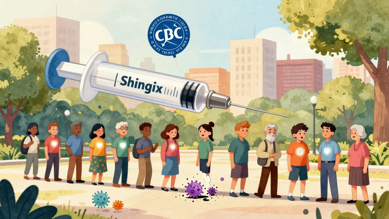 A giant Shingrix syringe monument in a park with diverse people lining up to get vaccinated.
