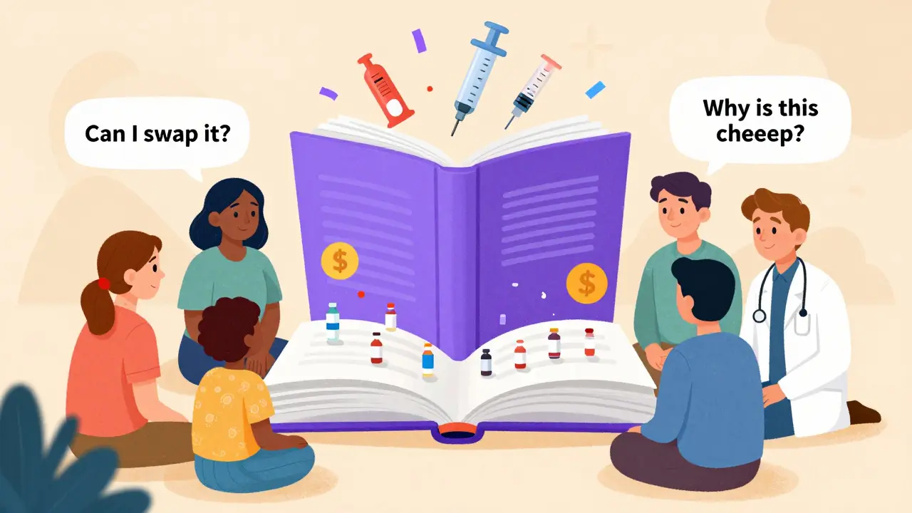 A group of people gathered around a magical Purple Book that sprouts medical icons and dollar signs, representing drug access and cost savings.