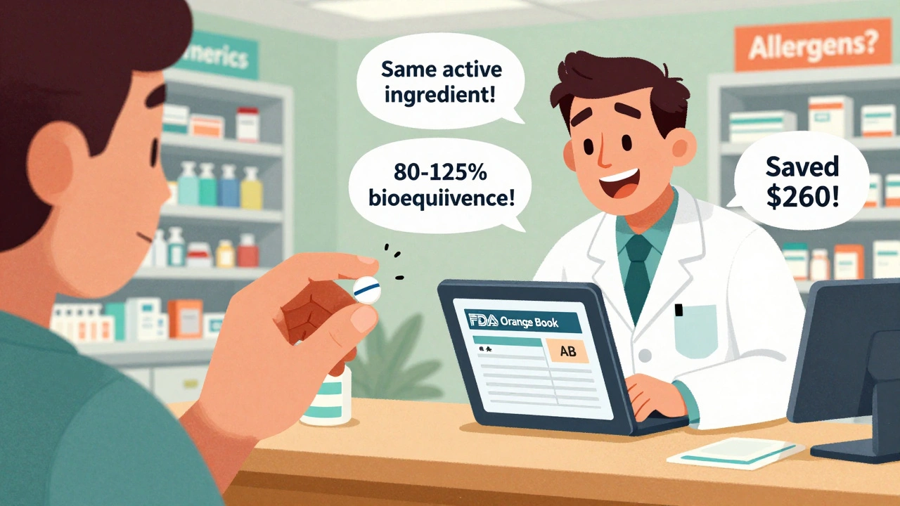 A hand holds a pill with a worried face, while a pharmacist displays an FDA Orange Book 'AB' rating on a tablet.