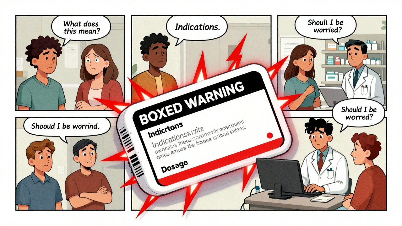 A patient, doctor, and pharmacist examining a comic-style drug label with warning panels and speech bubbles.