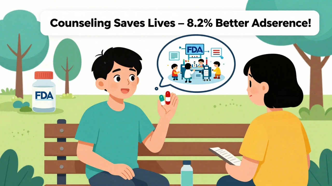 A patient explains generics to a friend on a bench, with a thought bubble showing FDA scientists testing medication.