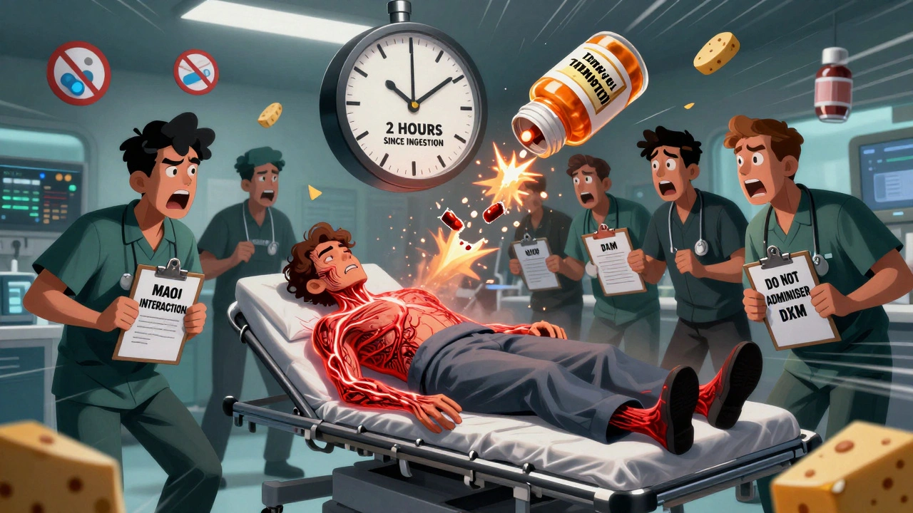 A patient in emergency room with glowing red veins as medical staff react to a dangerous drug interaction.