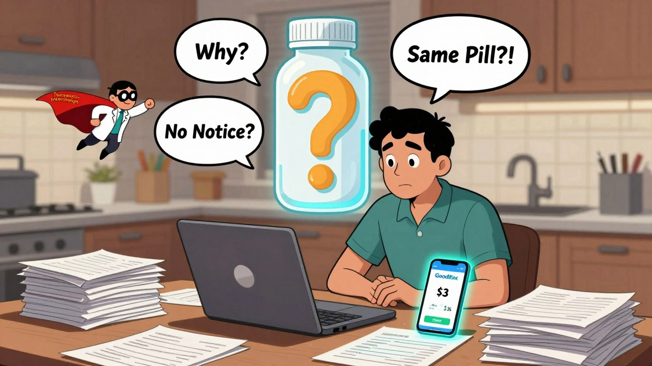 A patient overwhelmed by insurance paperwork, with a pharmacist superhero flying in and a phone showing a low cash price, as a giant pill-shaped question mark hovers above.