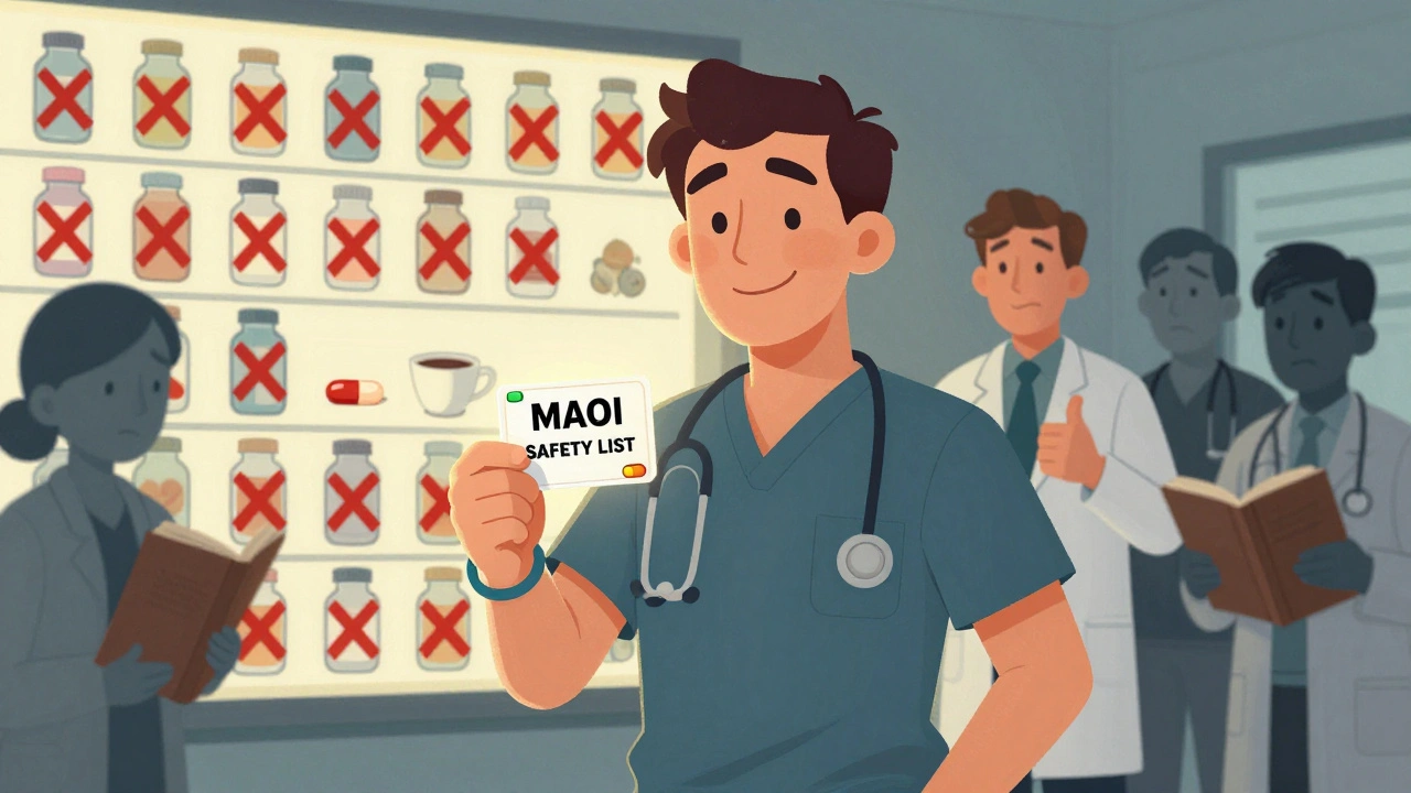 A patient with medical alert bracelet confidently holding a safety card beside banned medications and foods.