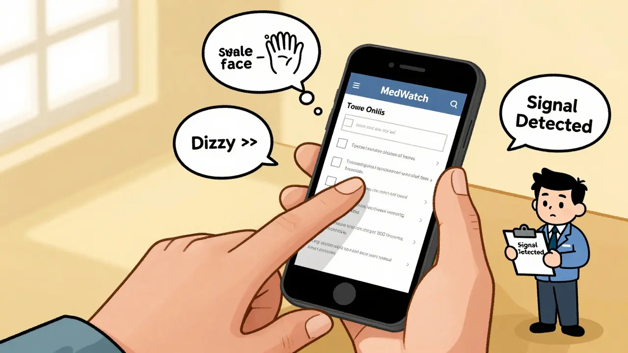 A person filling out the MedWatch form on a phone, with floating symptom thought bubbles.