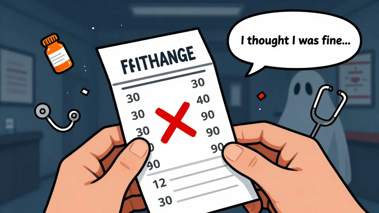 A person holding a pharmacy receipt with a calendar showing infrequent refills, hospital silhouette in background.